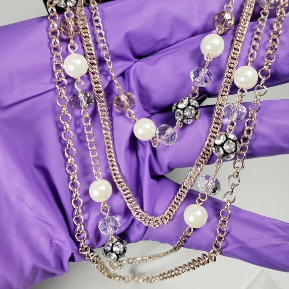 Rose Gold tone Layered Chain Necklace Multi color Beads, Crystal Ball - Women - Picture 1 of 9